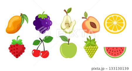 Natural tropical fruits icon set collection in flat style. Tropical plant vector illustration on isolated background. Healthy food sign business concept. 133130139