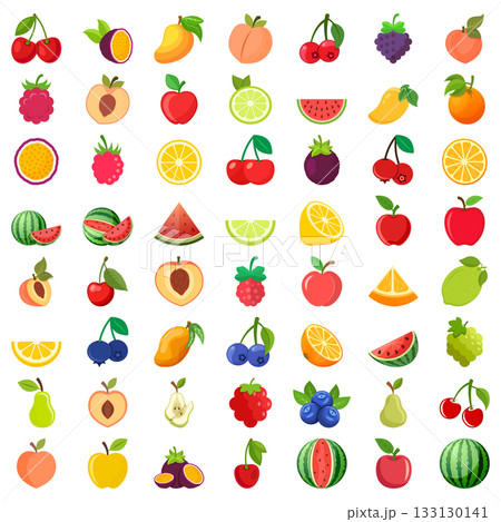 Natural tropical fruits icon set collection in flat style. Tropical plant vector illustration on isolated background. Healthy food sign business concept. 133130141