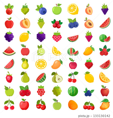 Natural tropical fruits icon set collection in flat style. Tropical plant vector illustration on isolated background. Healthy food sign business concept. 133130142