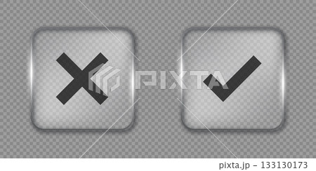 Liquid glass check mark and cancel cross vector frame in glassmorphism style. Rectangular glass complete task vector illustration on isolated background. Transparent mirror frame sign business Liquid glass check mark and cancel cross vector frame in glassmorphism style. Rectangular glass complete task vector illustration on isolated background. Transparent mirror frame sign business 133130173