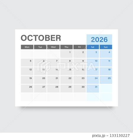 Calendar october 2026 icon in flat style. Planner vector illustration on isolated background. Calender sign business concept. 133130227