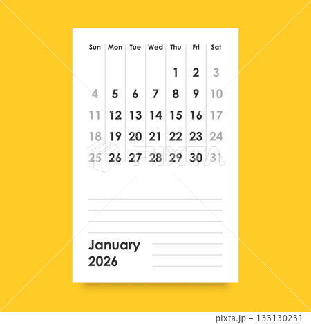 Calendar january 2026 icon in flat style. Planner vector illustration on isolated background. Calender sign business concept. 133130231