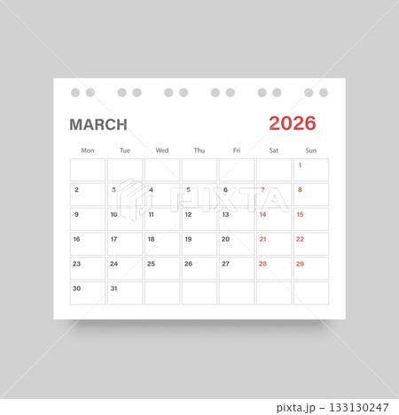 Calendar march 2026 icon in flat style. Planner vector illustration on isolated background. Calender sign business concept. 133130247