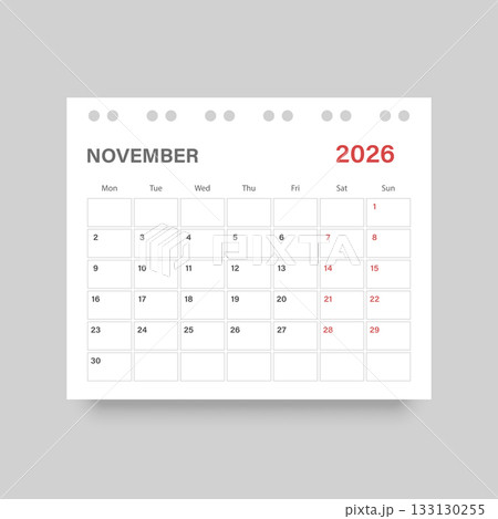 Calendar november 2026 icon in flat style. Planner vector illustration on isolated background. Calender sign business concept. Calendar november 2026 icon in flat style. Planner vector illustration on isolated background. Calender sign business concept. 133130255