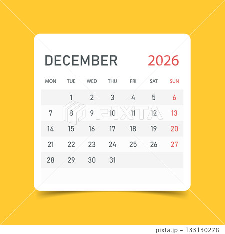 Calendar december 2026 icon in flat style. Planner sticker vector illustration on yellow isolated background. Calender sign business concept. Calendar december 2026 icon in flat style. Planner sticker vector illustration on yellow isolated background. Calender sign business concept. 133130278