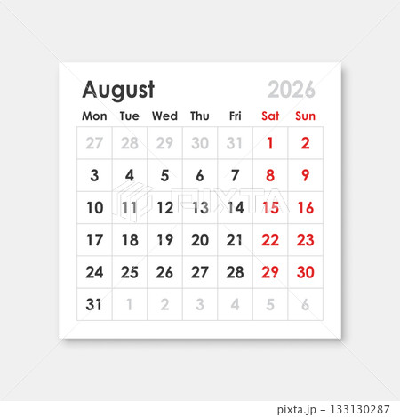 Calendar august 2026 icon in flat style. Planner sticker vector illustration on isolated background. Calender sign business concept. Calendar august 2026 icon in flat style. Planner sticker vector illustration on isolated background. Calender sign business concept. 133130287