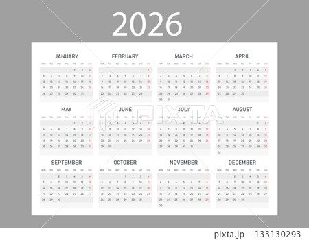 Calendar 2026 year icon in flat style. Planner vector illustration on isolated background. Calender sign business concept. Calendar 2026 year icon in flat style. Planner vector illustration on isolated background. Calender sign business concept. 133130293