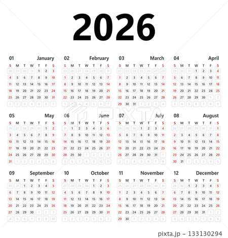 Calendar 2026 year icon in flat style. Planner vector illustration on isolated background. Calender sign business concept. 133130294