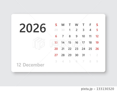 December 2026 calendar in flat style. Planner sticker vector illustration on isolated background. Calender sign business concept. 133130320