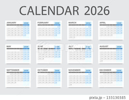 Calendar 2026 year icon in flat style. Planner vector illustration on isolated background. Calender sign business concept. Calendar 2026 year icon in flat style. Planner vector illustration on isolated background. Calender sign business concept. 133130385