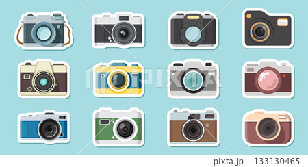 Photo camera sticker icon set in flat style. Photography equipment vector illustration on isolated background. Professional photographic sign business concept. Photo camera sticker icon set in flat style. Photography equipment vector illustration on isolated background. Professional photographic sign business concept. 133130465