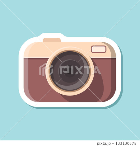 Photo camera sticker icon in flat style. Photography equipment vector illustration on isolated background. Professional photographic sign business concept. 133130578