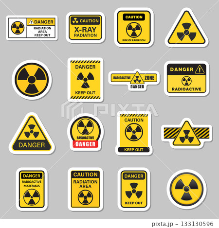 Radioactive material warning sticker icon set collection in flat style. Radiation danger vector illustration on isolated background. Caution sign business concept. Radioactive material warning sticker icon set collection in flat style. Radiation danger vector illustration on isolated background. Caution sign business concept. 133130596