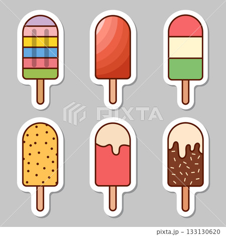 Ice cream sticker icon set collection in flat style. Tasty dessert vector illustration on isolated background. Sweet eating sign business concept. Ice cream sticker icon set collection in flat style. Tasty dessert vector illustration on isolated background. Sweet eating sign business concept. 133130620