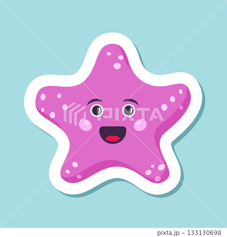 Cute smiling starfish sticker icon in flat style. Sea stars vector illustration on isolated background. Sea animal sign business concept. Cute smiling starfish sticker icon in flat style. Sea stars vector illustration on isolated background. Sea animal sign business concept. 133130698