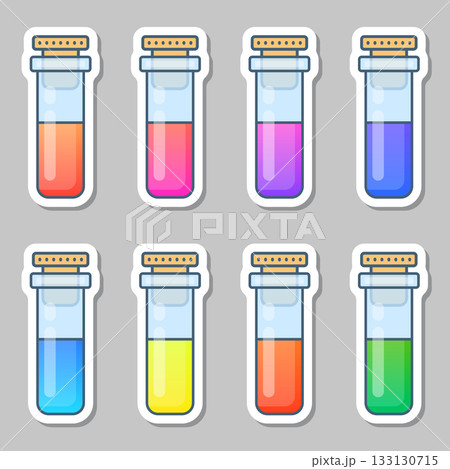 Science lab bottle sticker icon set in flat style. Laboratory glassware equipment vector illustration on isolated background. Test tube sign business concept. 133130715
