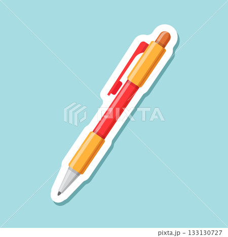 Ballpoint pen sticker icon in flat style. Office tool vector illustration on isolated background. School equipment sign business concept. 133130727