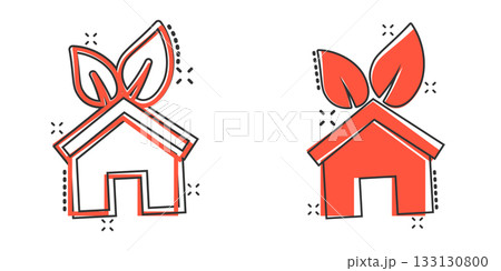 House with leaf icon in comic style. Flower garden cartoon vector illustration on white isolated background. Ecology splash effect sign business concept. 133130800