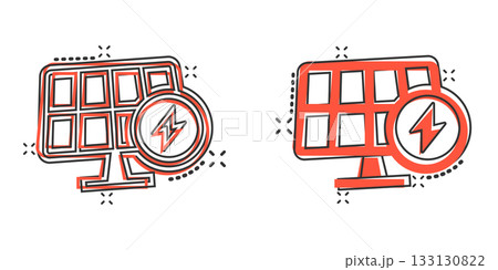 Solar panel icon in comic style. Ecology energy cartoon vector illustration on white isolated background. Electrician splash effect sign business concept. Solar panel icon in comic style. Ecology energy cartoon vector illustration on white isolated background. Electrician splash effect sign business concept. 133130822