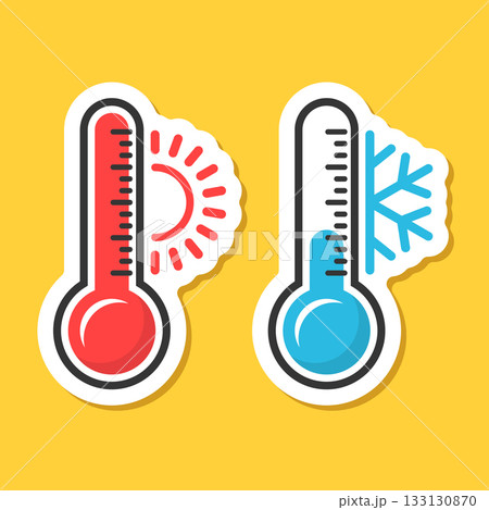Thermometer sticker icon in flat style. Climate control vector illustration on isolated background. Weather change sign business concept. 133130870