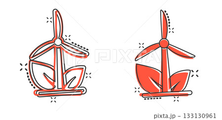 Eco energy icon in comic style. Leaf wind power plant cartoon vector illustration on white isolated background. Electrician splash effect sign business concept. 133130961