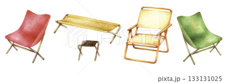 アウトドアチェアのセット　手描き色鉛筆画 133131025