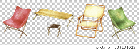 アウトドアチェアのセット　手描き色鉛筆画 133131025