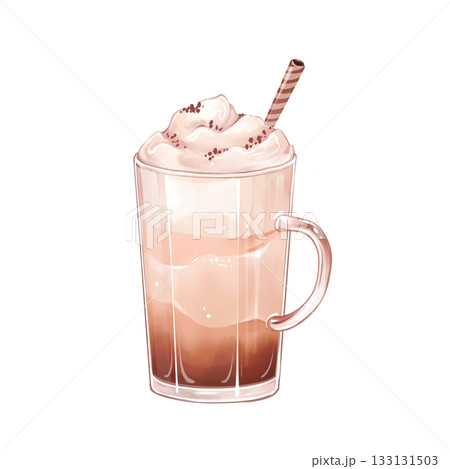 Hand-drawn isolated illustration of a glass mug filled with hot latte or cappuccino, topped with whipped cream. Perfect for cafe menu design, coffee shop branding, drink packaging, or food blog decor. 133131503