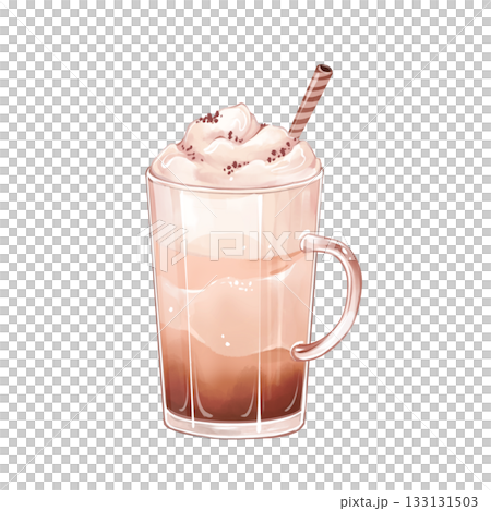 Hand-drawn isolated illustration of a glass mug filled with hot latte or cappuccino, topped with whipped cream. Perfect for cafe menu design, coffee shop branding, drink packaging, or food blog decor. 133131503