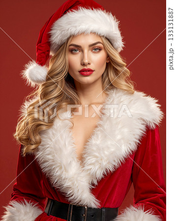 Stunning glamour portrait of a beautiful woman in a sexy Santa costume with red lipstick. Christmas fashion model with blonde hair on red background. 133131887