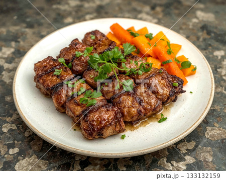 Appetizing grilled beef skewers with cooked carrots and parsley garnish. A delicious plated meal on a white dish against a dark textured background. 133132159