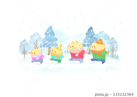 冬の雪景色を楽しむかわいい猫家族 水彩イラスト素材 冬の雪景色を楽しむかわいい猫家族 水彩イラスト素材 133132364