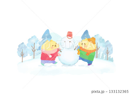 雪だるまを作るかわいい猫 水彩イラスト素材 雪だるまを作るかわいい猫 水彩イラスト素材 133132365