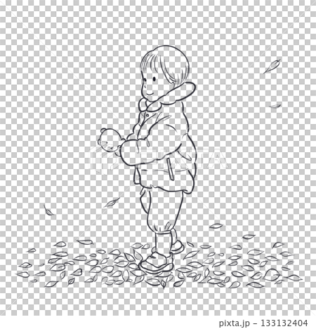 落ち葉の上でぬいぐるみを持つ子どもの線画|Child holding a stuffed toy o 落ち葉の上でぬいぐるみを持つ子どもの線画|Child holding a stuffed toy o 133132404