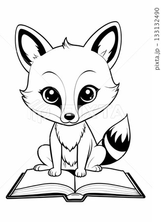 Cute fox reading a book coloring page, simple outline illustration. Preschool-friendly animal illustration for kids 133132490