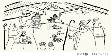 Vector drawing. Men greeting Mary in the barn 133132555
