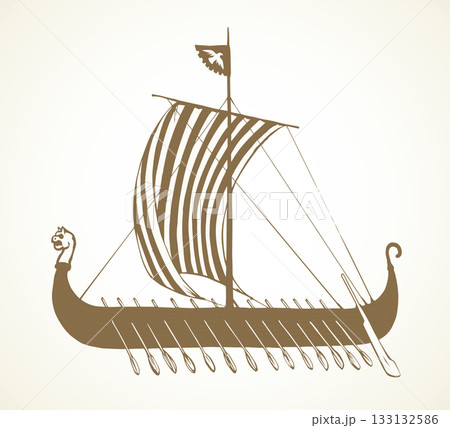 Ancient Viking ship. Vector drawing 133132586