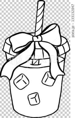 Coquette Drink Ice Coffee with Ribbon Bow and straw Outline Black and white hand drawn 133132847