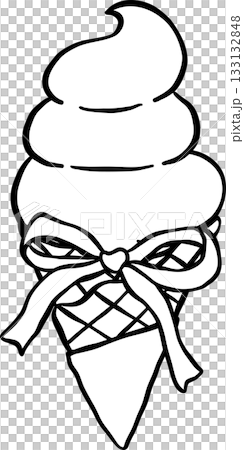 Coquette Ice Cream Cone with Ribbon Bow Outline Black and white hand drawn 133132848