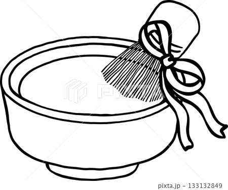 Coquette Matcha Bowl and Whisk with Ribbon Bow Outline Black and white hand drawn 133132849