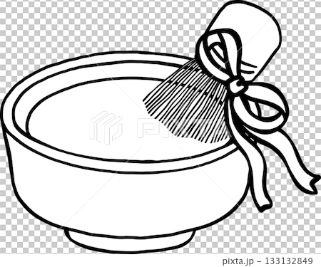 Coquette Matcha Bowl and Whisk with Ribbon Bow Outline Black and white hand drawn 133132849