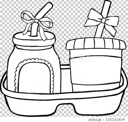 Set of Takeaway Drinks with Ribbon Bow in Tray Outline Black and white hand drawn Set of Takeaway Drinks with Ribbon Bow in Tray Outline Black and white hand drawn 133132854