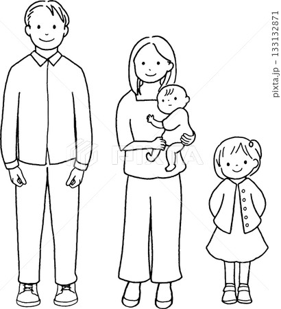 父と母と娘と赤ちゃんのイラスト。線画。 父と母と娘と赤ちゃんのイラスト。線画。 133132871