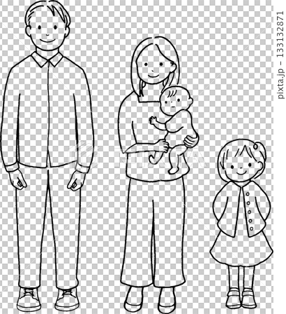 父と母と娘と赤ちゃんのイラスト。線画。 父と母と娘と赤ちゃんのイラスト。線画。 133132871
