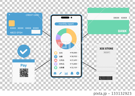 家計簿アプリと金融サービス・カード・支払いなどの連携をイメージしたイラスト 133132923