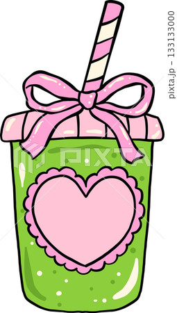 Girly Coquette Matcha Ice Takeaway cup and straw with Pink Ribbon Bow Cartoon Hand Drawn Girly Coquette Matcha Ice Takeaway cup and straw with Pink Ribbon Bow Cartoon Hand Drawn 133133000