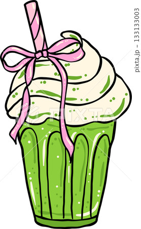 Girly Coquette Matcha Whipped cream Drink with Pink Ribbon Bow Cartoon Hand Drawn 133133003