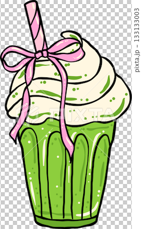 Girly Coquette Matcha Whipped cream Drink with Pink Ribbon Bow Cartoon Hand Drawn 133133003
