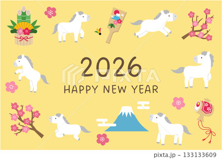 2026年午年の年賀状テンプレート。白馬、かわいい、縁起物、ベクター、梅の花 133133609