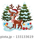 deer christmas with pine tree snow and baubles flat style 133133619